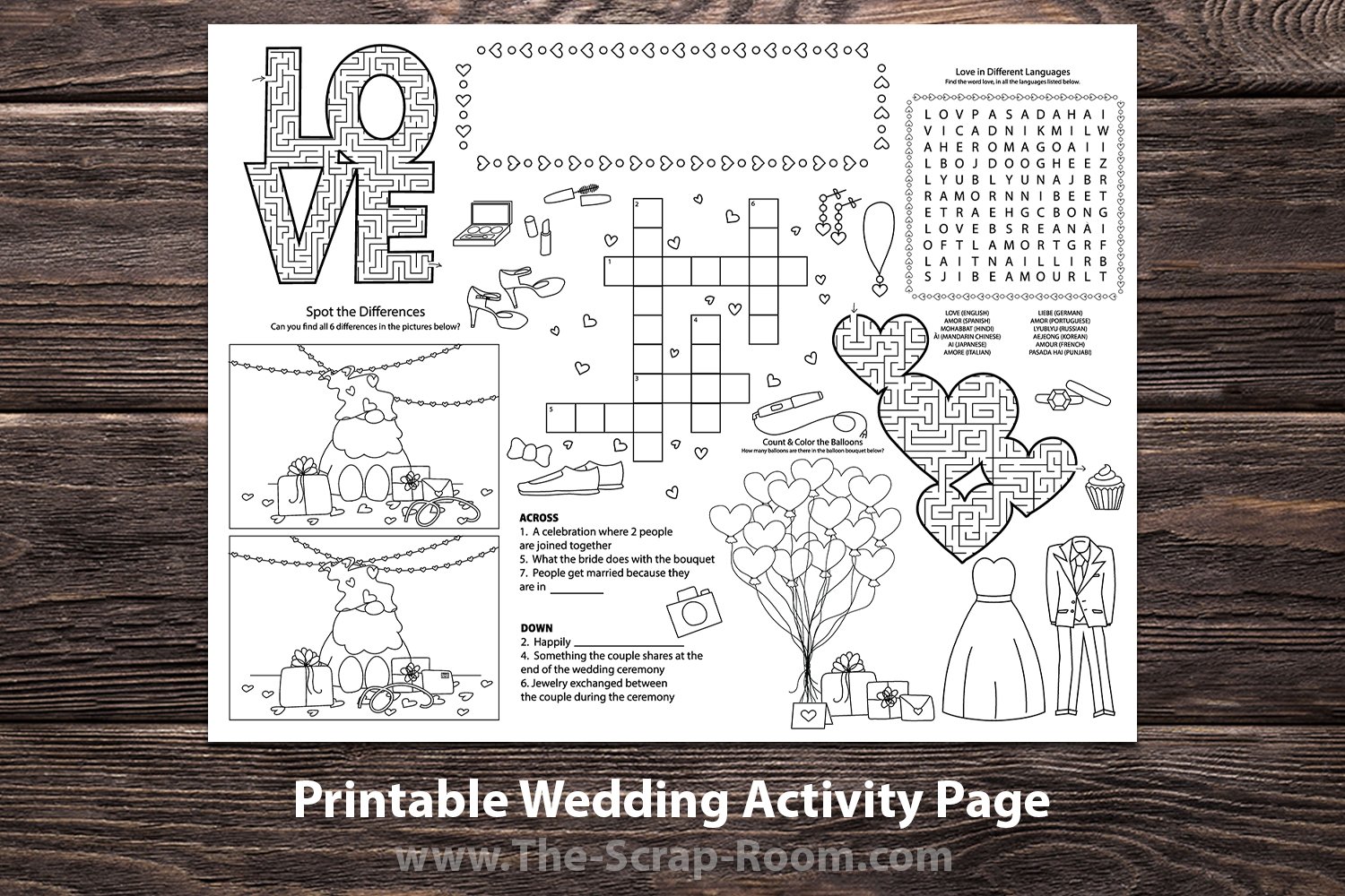Printable kids placemat activity sheet games for weddings