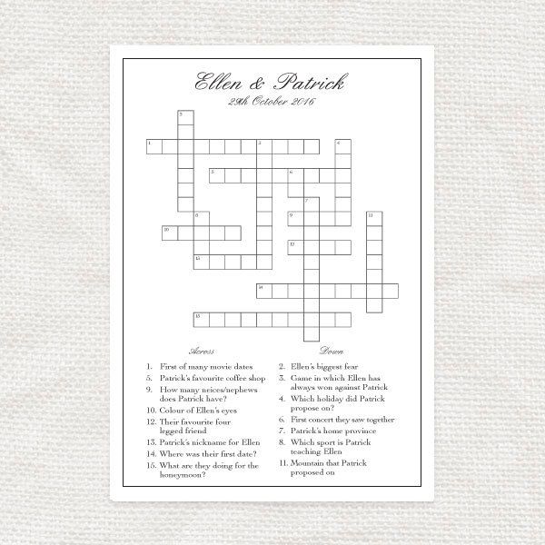 Custom wedding crossword wedding reception game bridal shower activity personalised puzzle printable wedding game wedding entertainment
