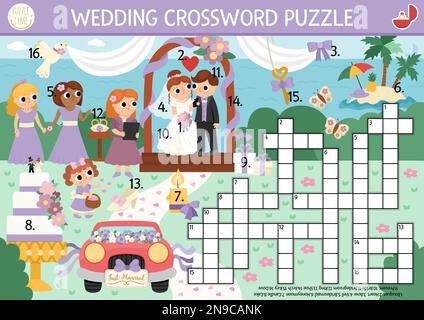Vector wedding crossword puzzle for kids simple marriage ceremony quiz for children matrimony educational activity with bride and groom family holi stock vector image art