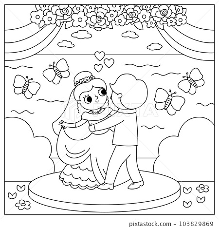 Vector black and white wedding scene with cute