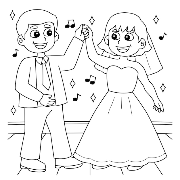 Premium vector wedding groom and bride dancing coloring page