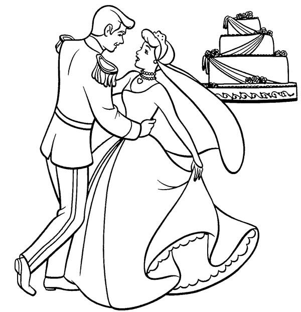 Wedding prince and princess dance in front of their wedding cake coloring page princâ cinderella coloring pages toy story coloring pages online coloring pages