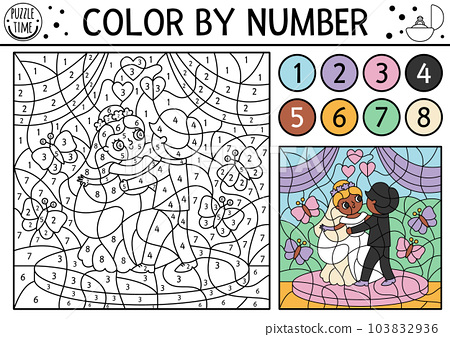Vector wedding color by number activity with