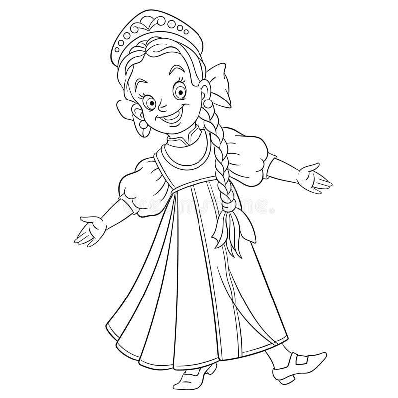 Coloring page with girl dancing russian folk dance stock vector