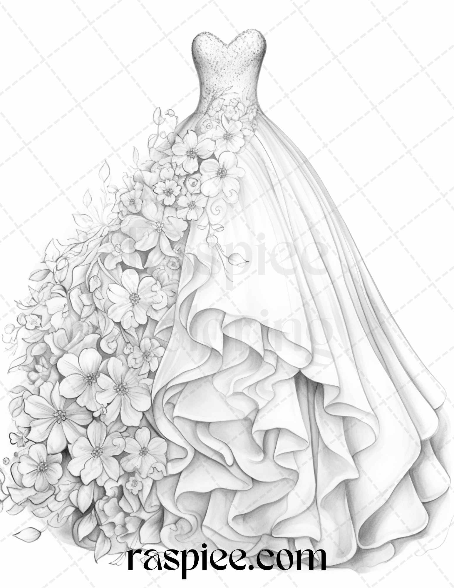 Elegant floral wedding dresses grayscale coloring pages printable f â coloring