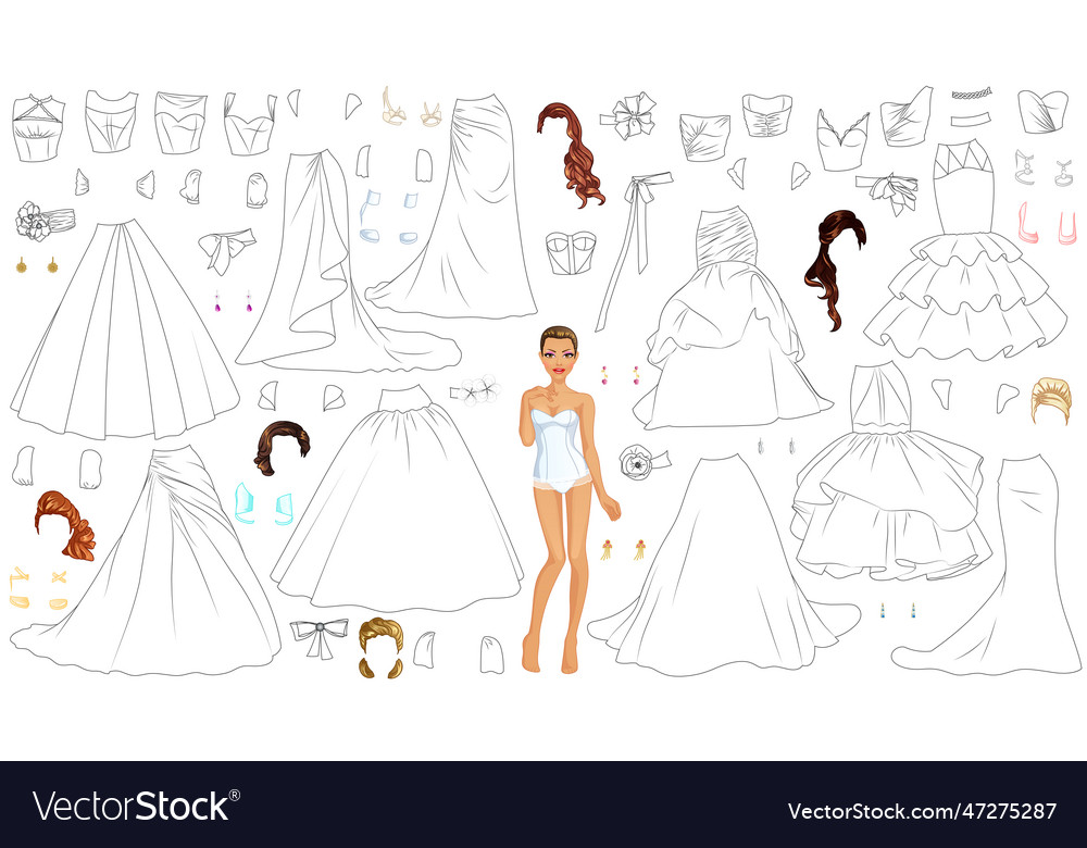 Wedding dress coloring page paper doll royalty free vector