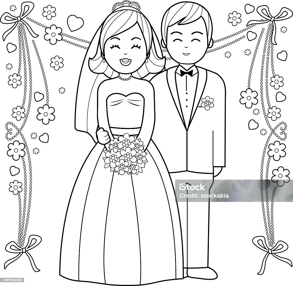 Bride and groom coloring book page stock illustration