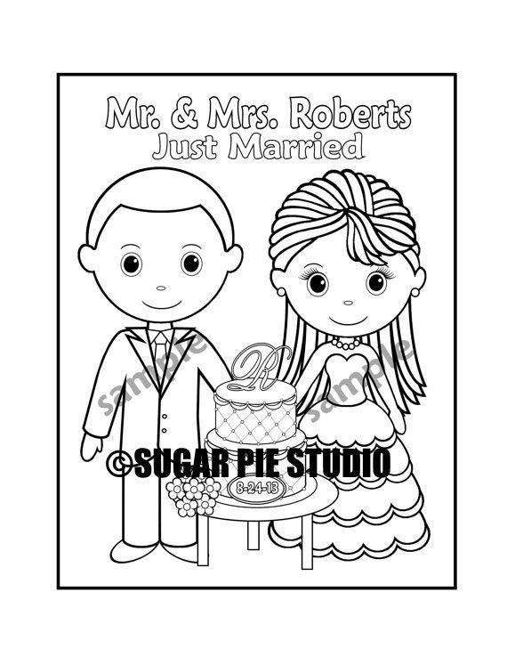 Personalized printable bride groom wedding party favor childrens kids coloring page activity pdf or jpeg file
