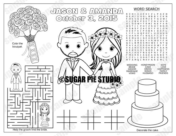 Wedding favor childrens kids coloring page activity personalized printable pdf or jpeg file