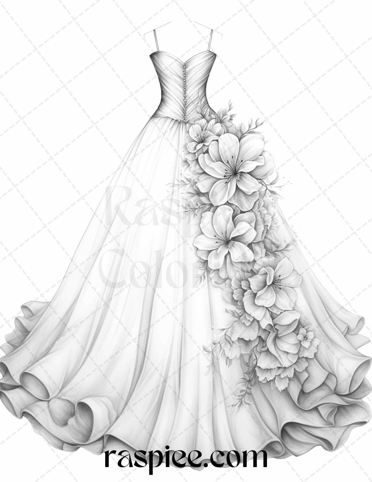 Elegant floral wedding dresses grayscale coloring pages printable f â coloring