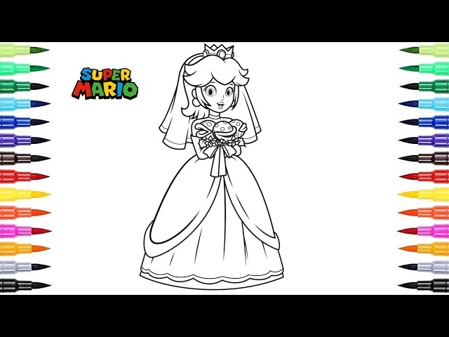 Princess peach in beautiful wedding dress the wedding of princess peach and super ario coloring
