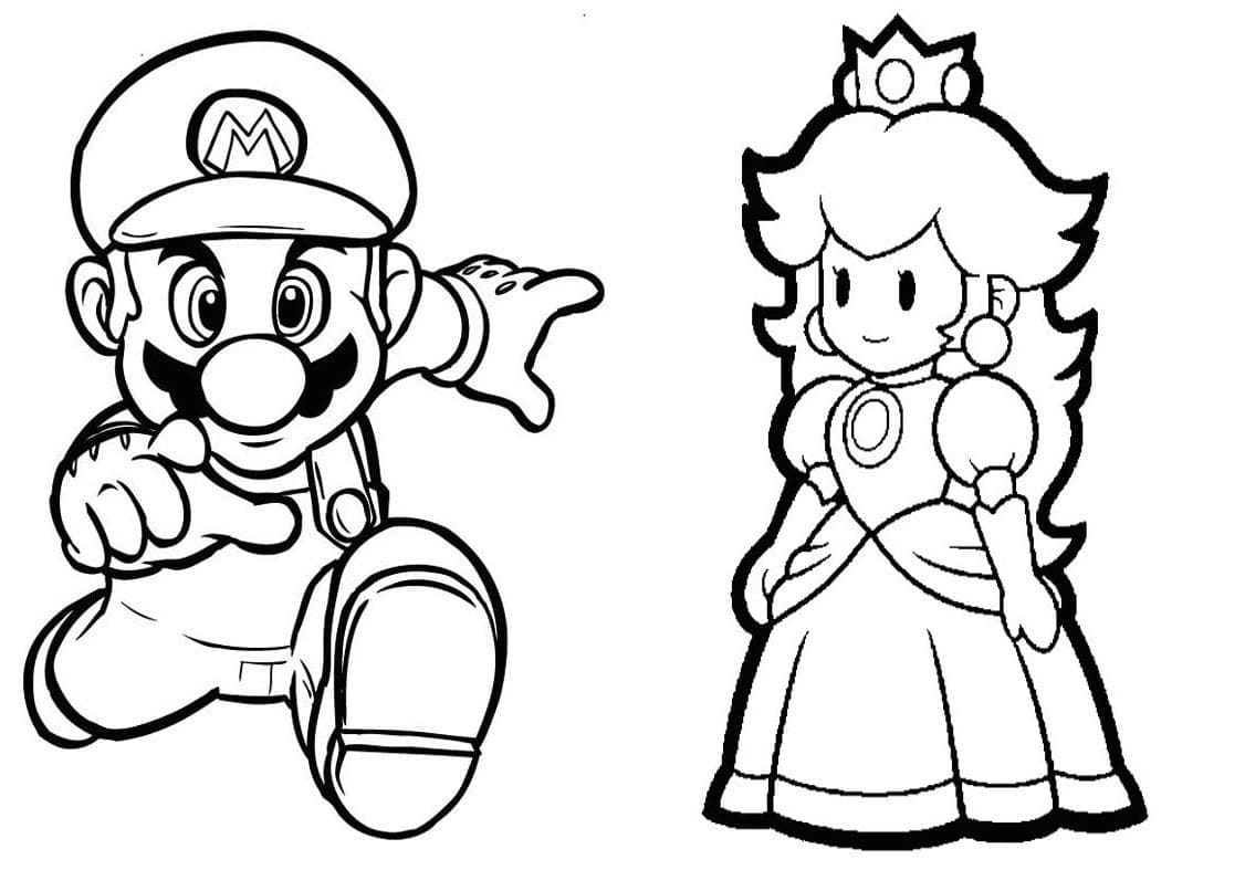 Mario and chibi princess peach coloring page