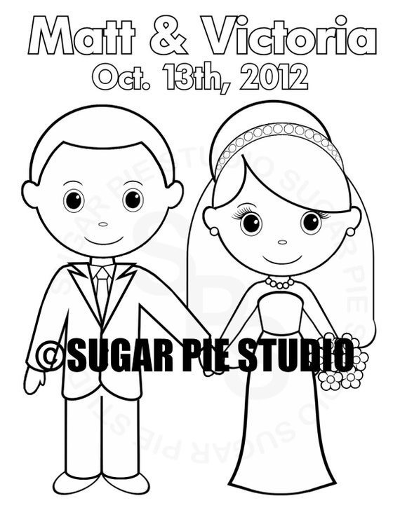 Personalized printable bride groom wedding party favor childrens kids coloring page activity pdf or jpeg file