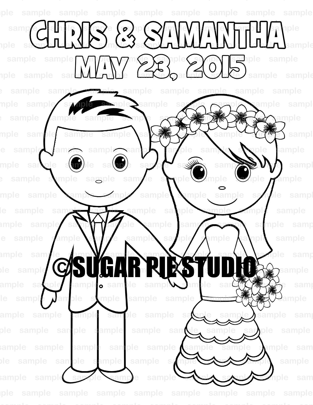 Wedding coloring page activity personalized printable pdf or jpeg file