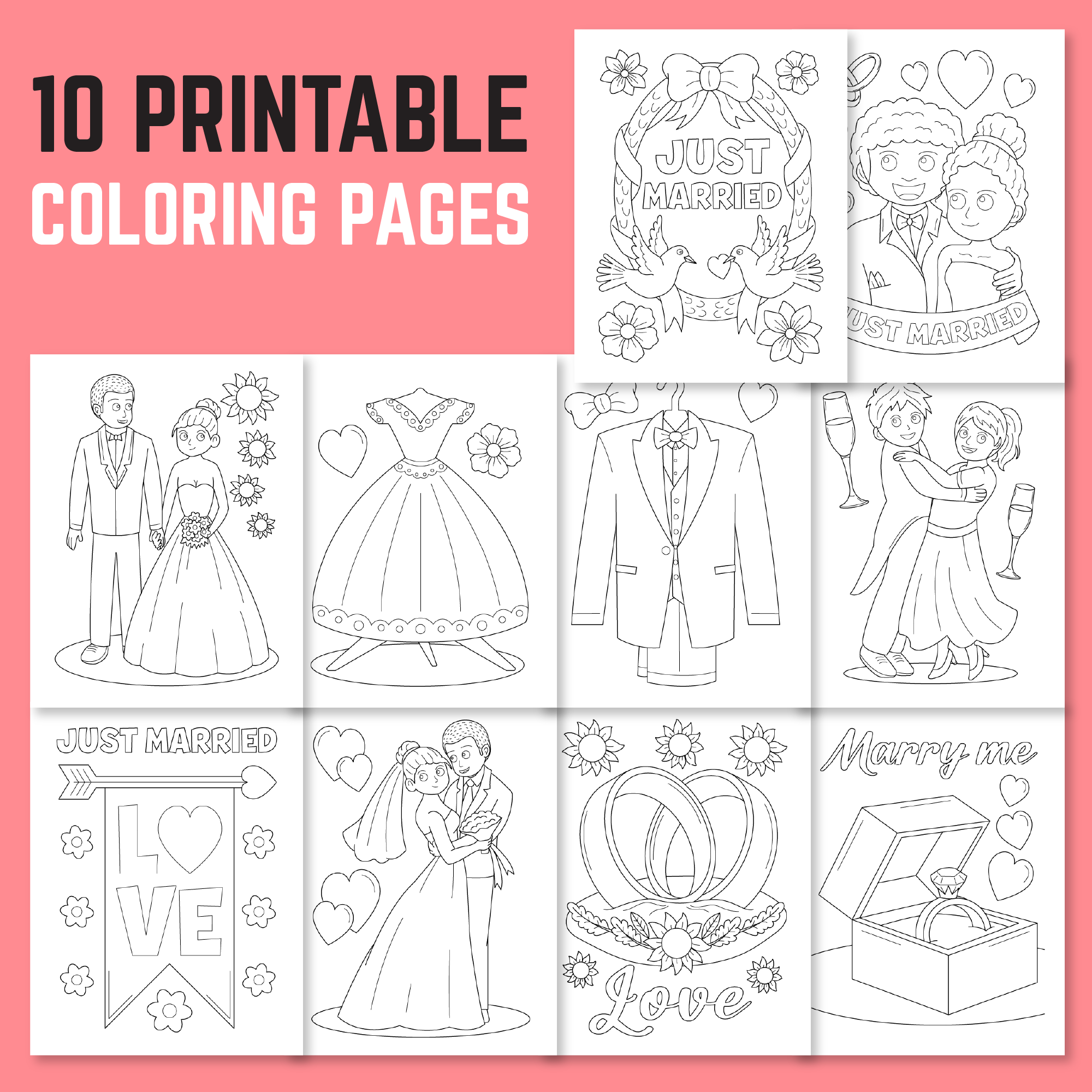 Wedding love valentines day coloring pages pack