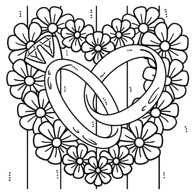 Premium vector wedding ring in a heart flower coloring page