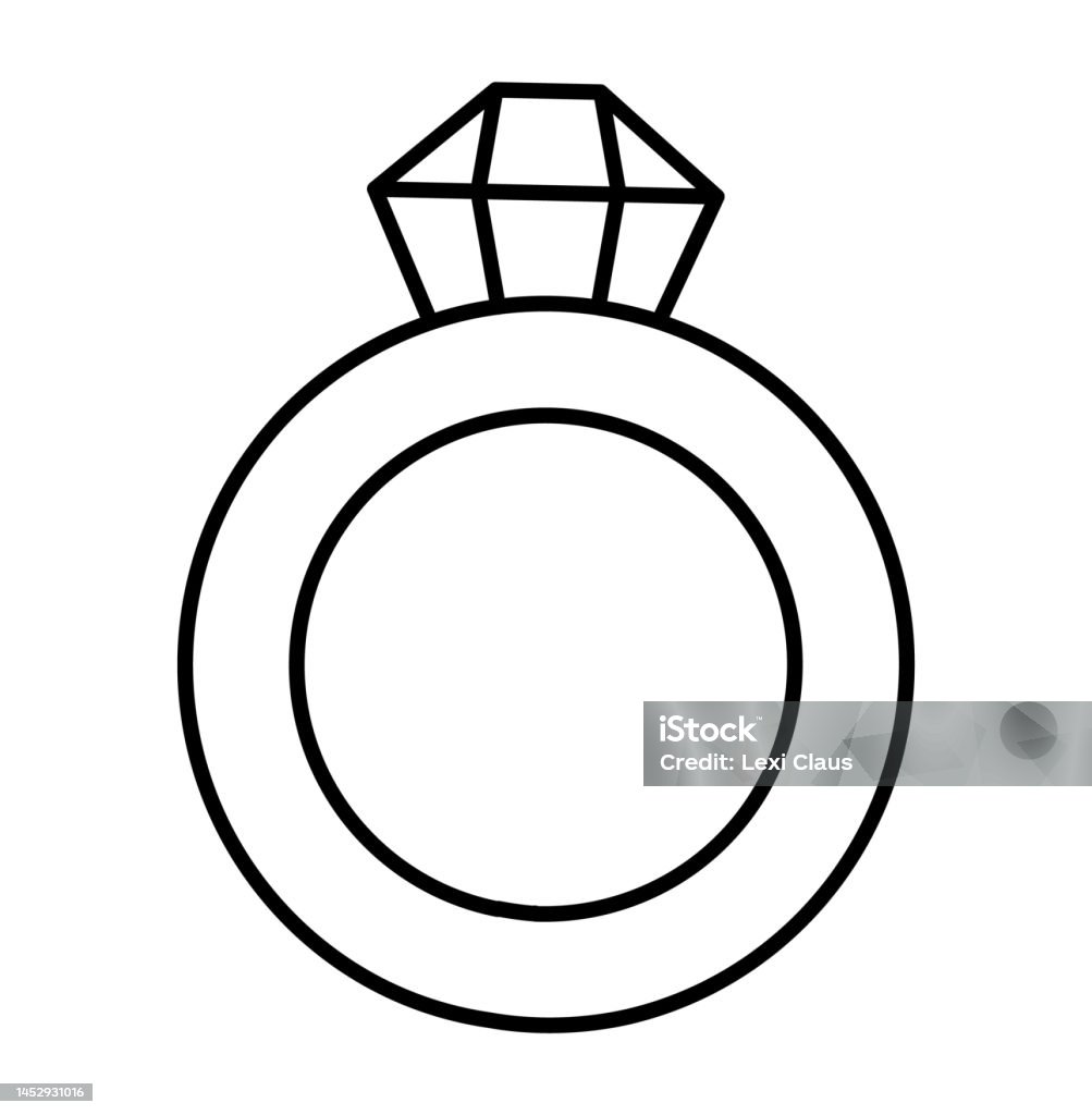 Vector black and white wedding ring with stone cute marriage symbol line clipart element for bride and groom just married couple accessory cartoon ceremony illustration or coloring page stock illustration
