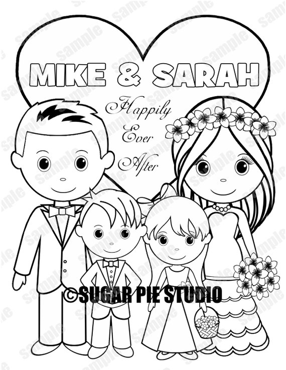 Personalized printable bride groom flower girl ring bearer wedding party favor childrens kids coloring page activity pdf or jpeg file