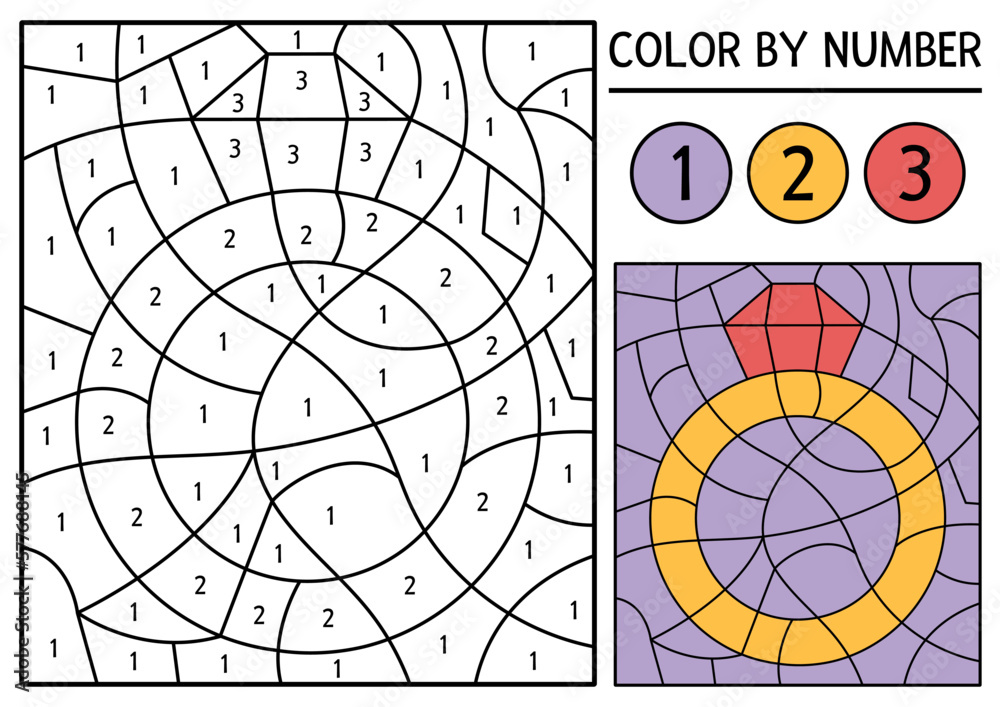 Vector wedding color by number activity with wedding ring marriage ceremony accessory black and white counting game or coloring page with jewelry and precious stone for kids vector