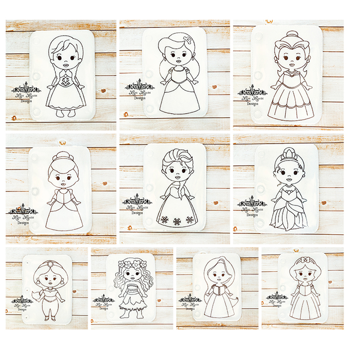 Princess coloring page set ith embroidery design file miss meggie designs