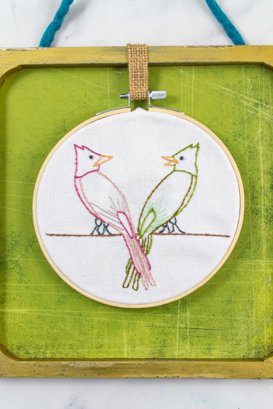 Lovebirds embroidery using a coloring page