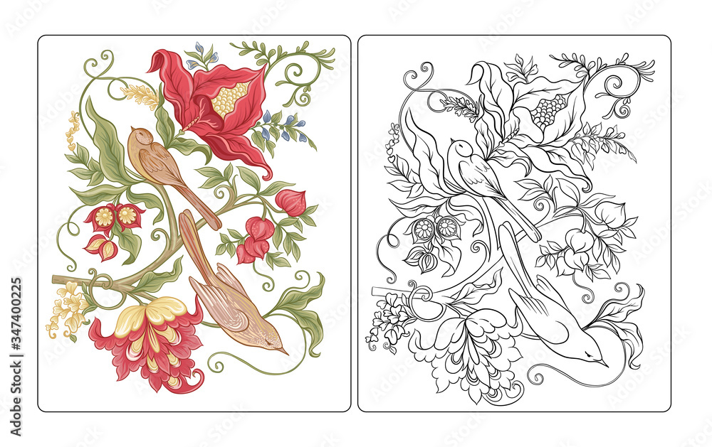 Fantasy flowers in retro vintage jacobean embroidery style coloring page for the adult coloring book with coloring sample outline vector illustration vector