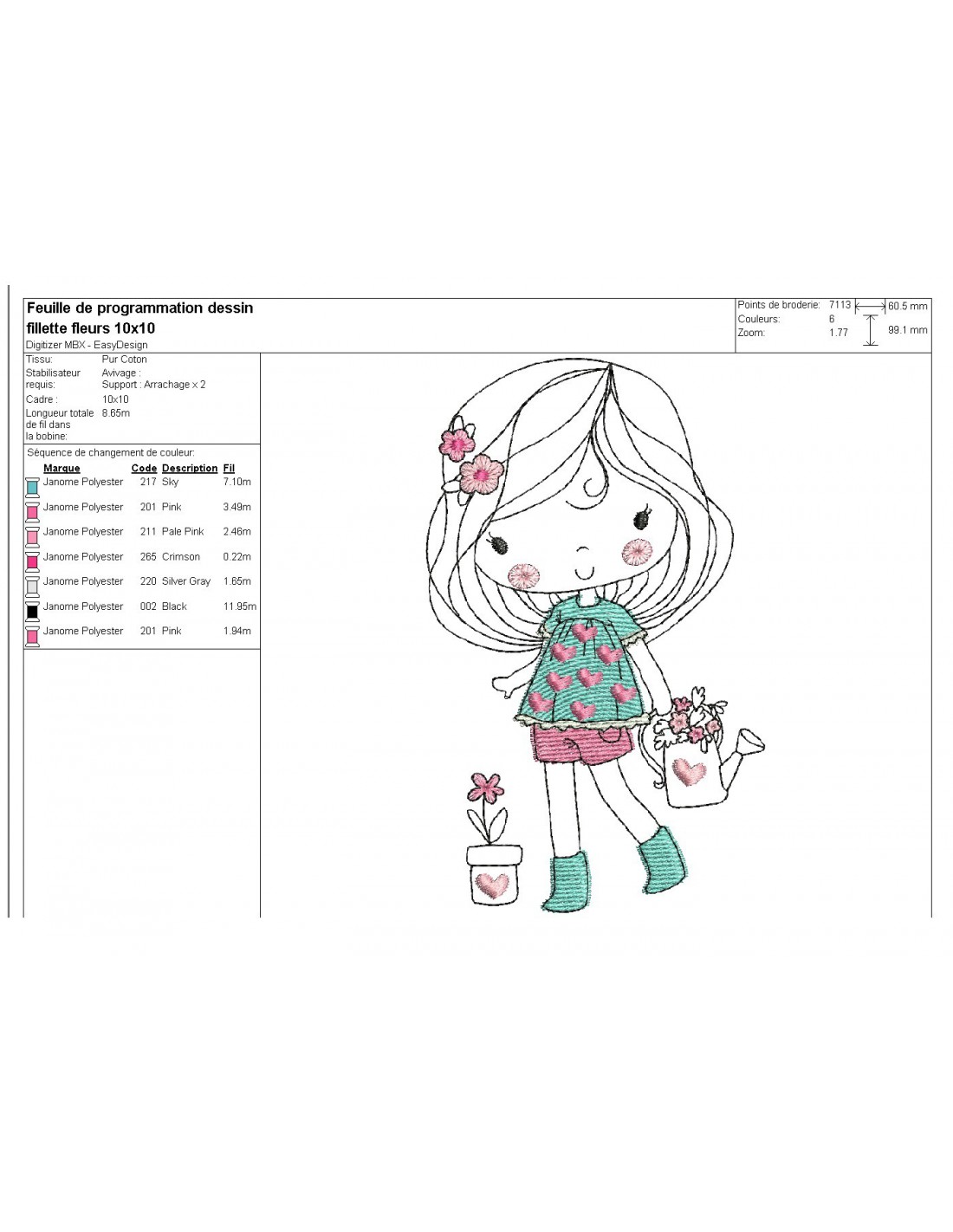 Embroidery design little girl and flowers