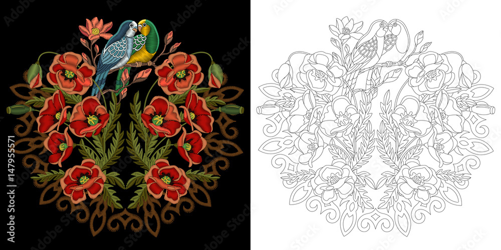 Embroidery design collection of floral elements for patches and stickers coloring book page with budgie parrots poppy flowers and mandala vector