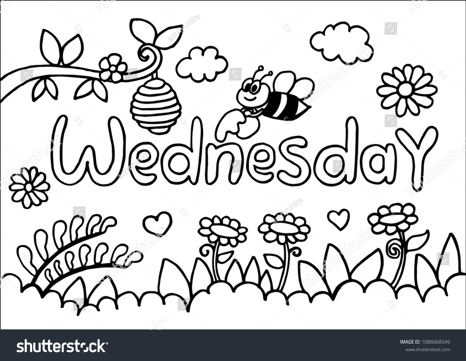 Wednesday text nature coloring page stock vector royalty free