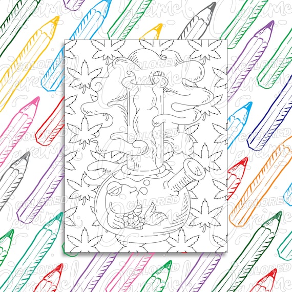 Stoner coloring page digital download pdf trippy funny and cool fish smoking weed printable psychedelic drawing illustration