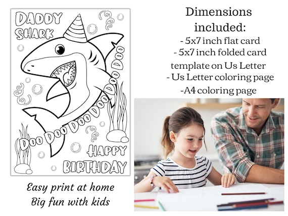 Daddy shark printable birthday coloring card for kids funny diy birthday card for dad digital download coloring page for dad birthday