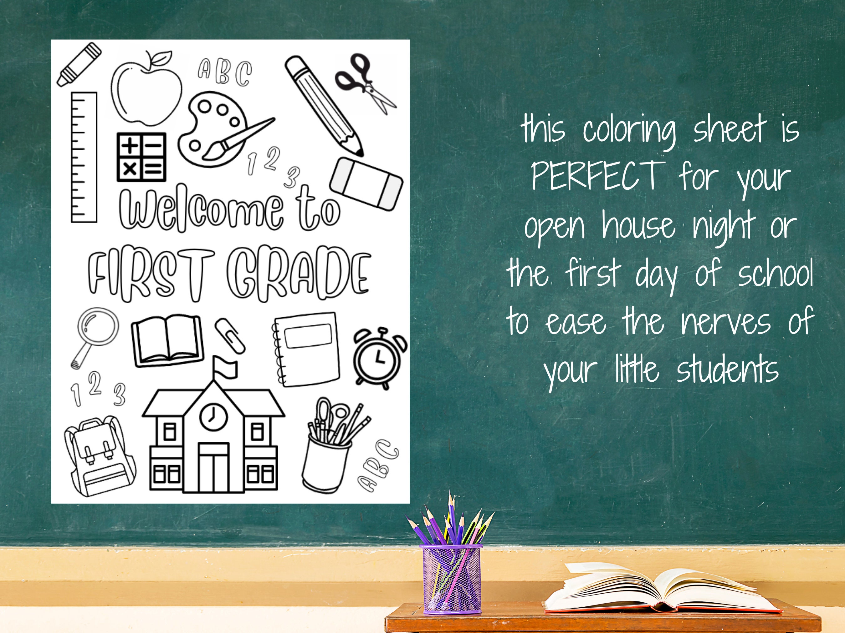 Wele to first grade coloring sheet open house back to school teacher elementary school primary digital download