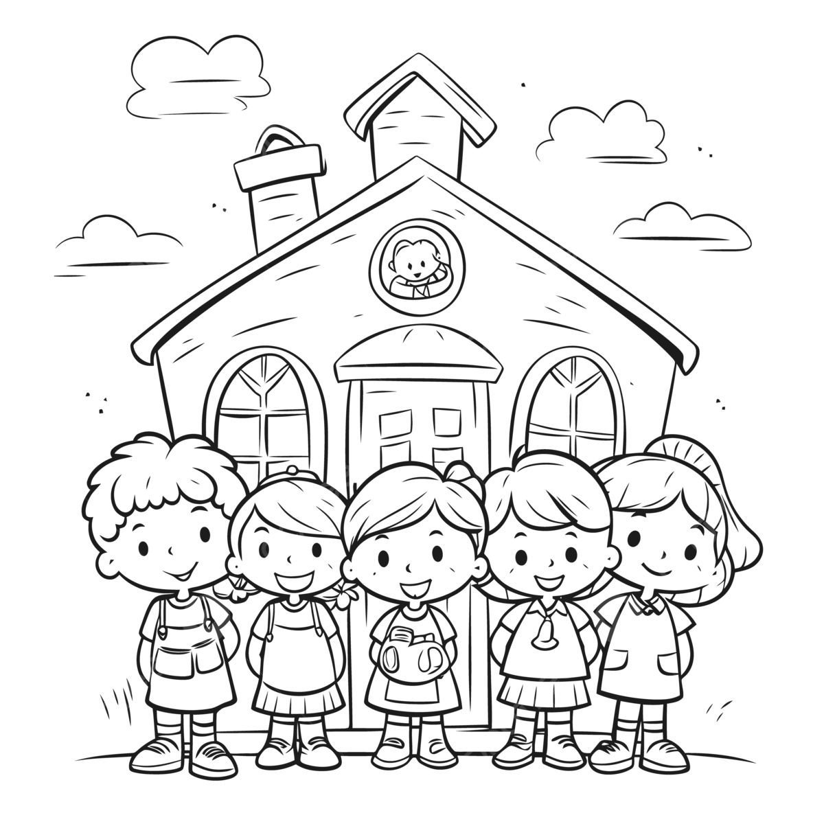 School colors preschool coloring page with kids in front of school building outline sketch drawing vector school drawing wing drawing ring drawing png and vector with transparent background for free download