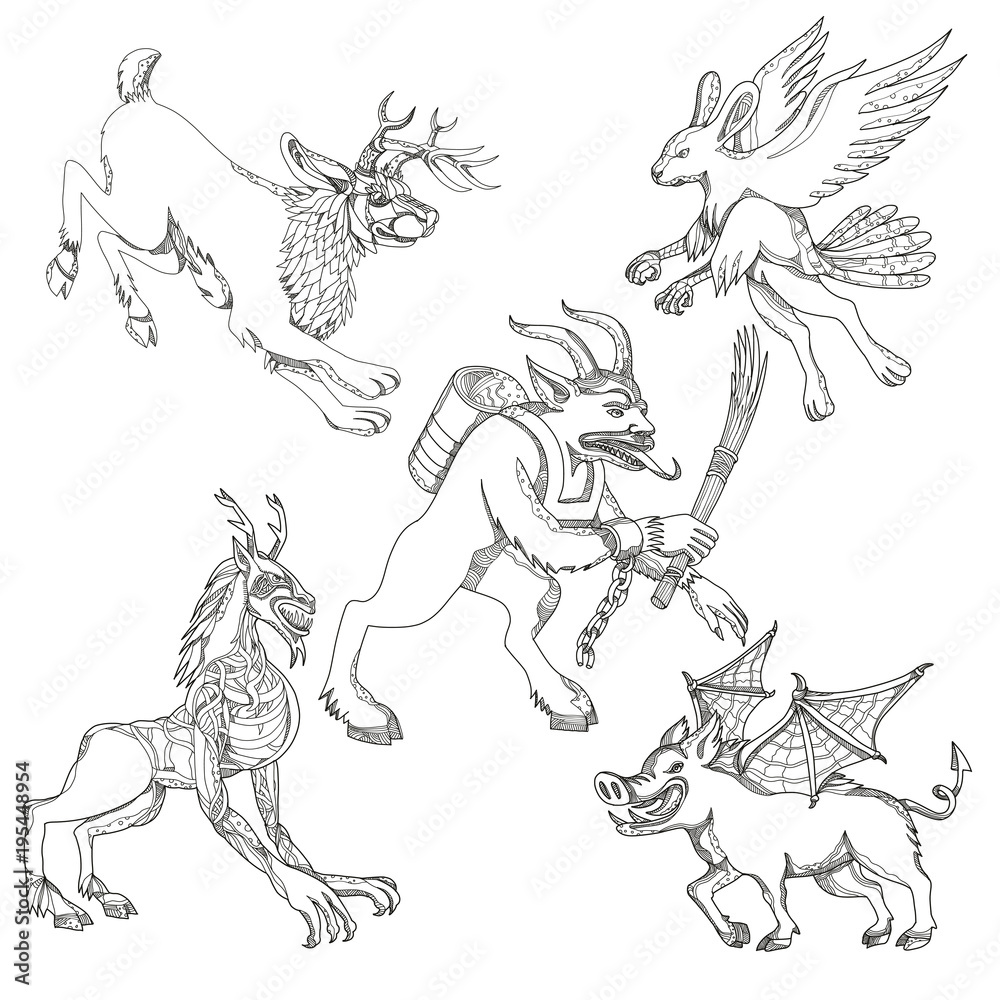 A collection of doodle art illustrations that includes the following mythical creatures from legend folklore jackalope krampus skraver wendigo and wild boar with bat wings on isolated background vector