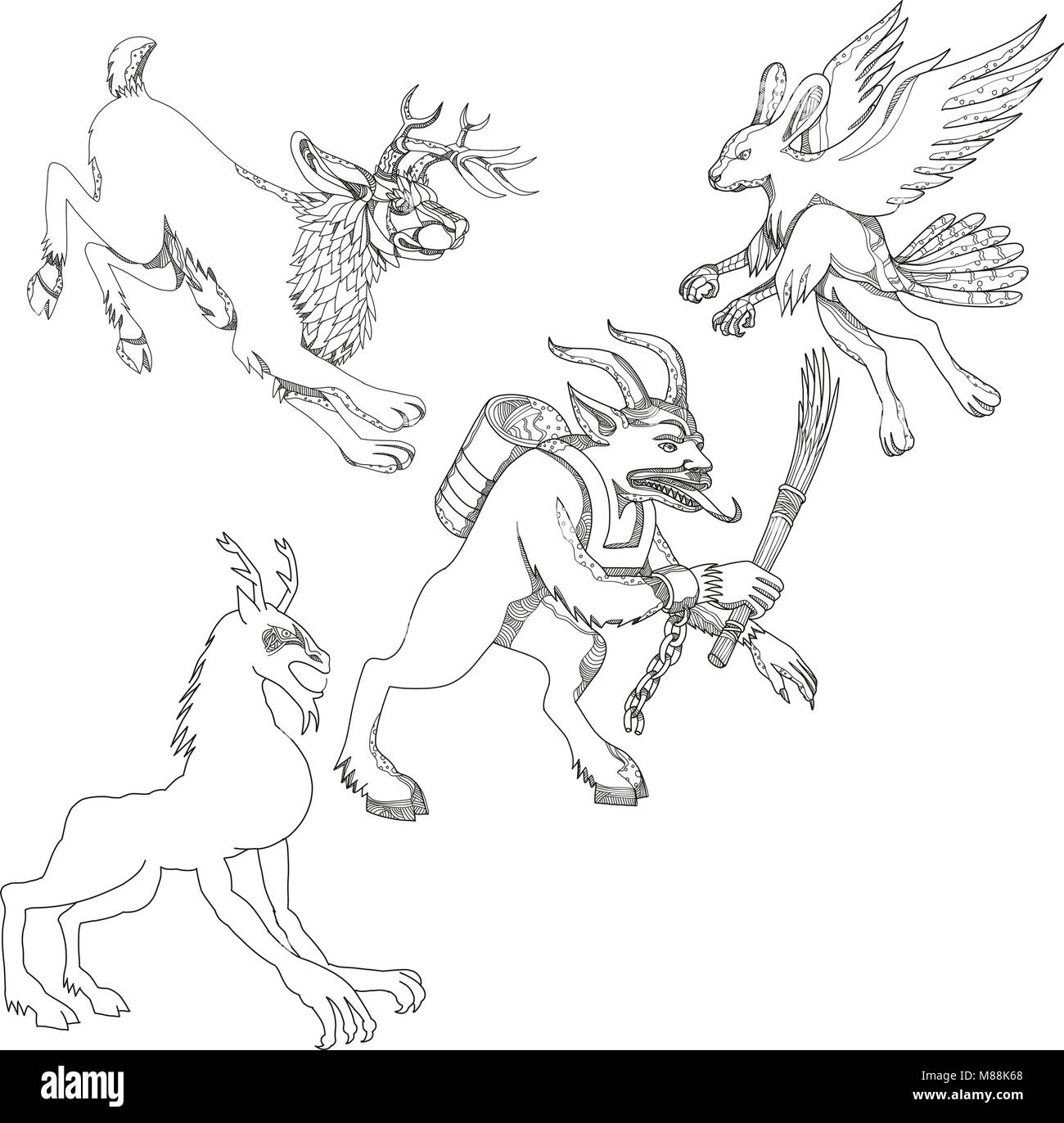A collection of doodle art illustrations that includes the following mythical creatures from legend folklore jackalope krampus skraver wendigo and stock vector image art