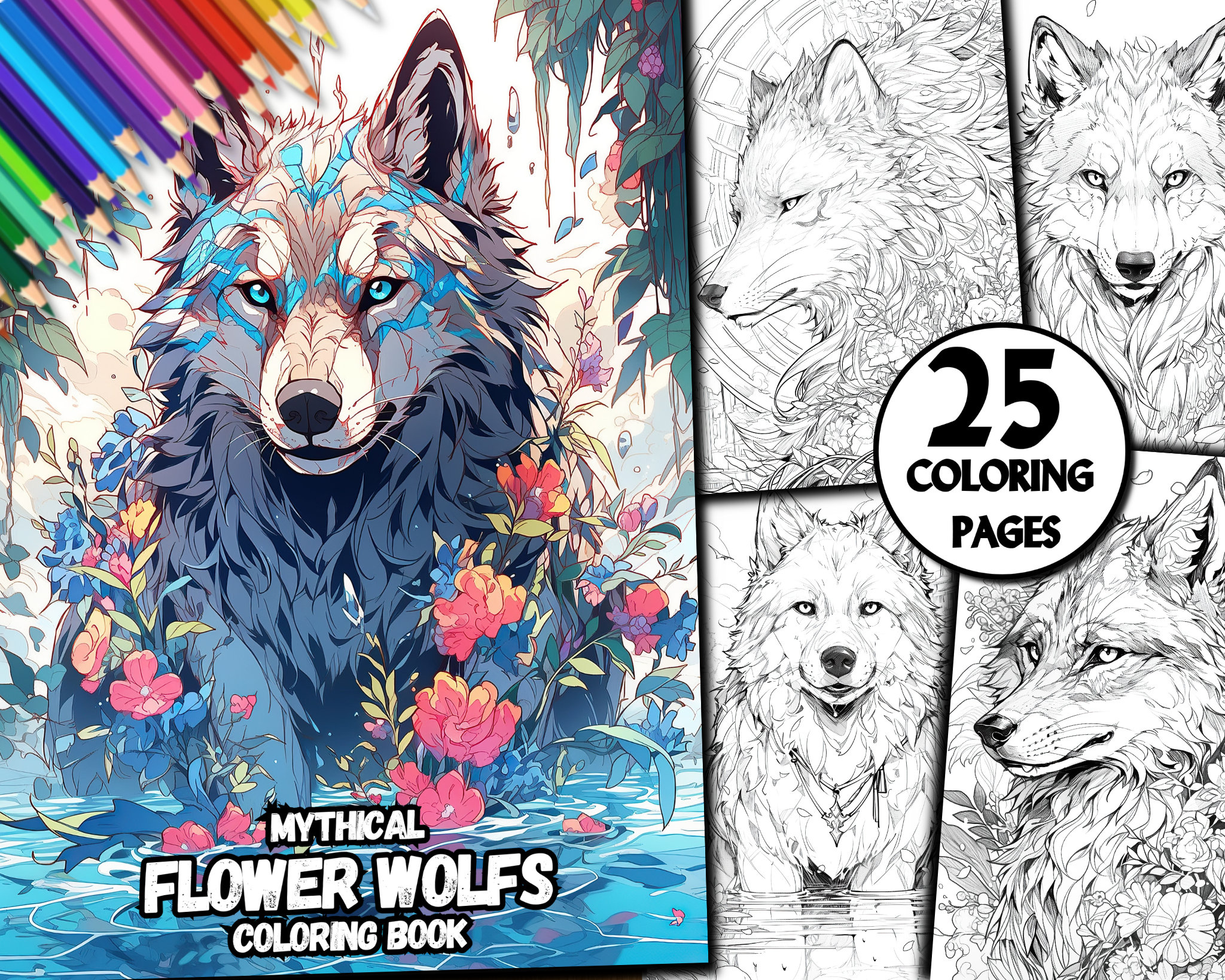 Buy mythical flower wolfs grayscale werewolf coloring page kids adults coloring book grayscale page instant download printable pdf online in india
