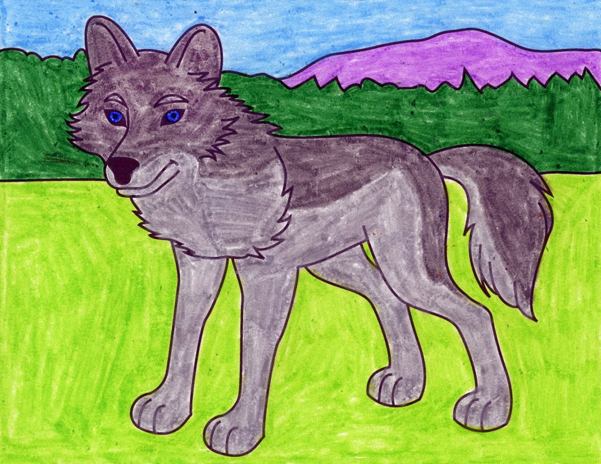 Easy how to draw a wolf tutorial and wolf coloring page