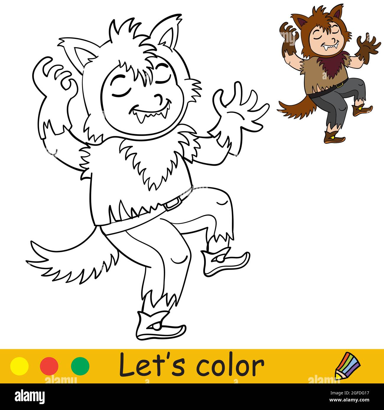 Funny boy in werewolf costume halloween concept coloring book page for children with colorful template vector cartoon illustration for print pres stock vector image art
