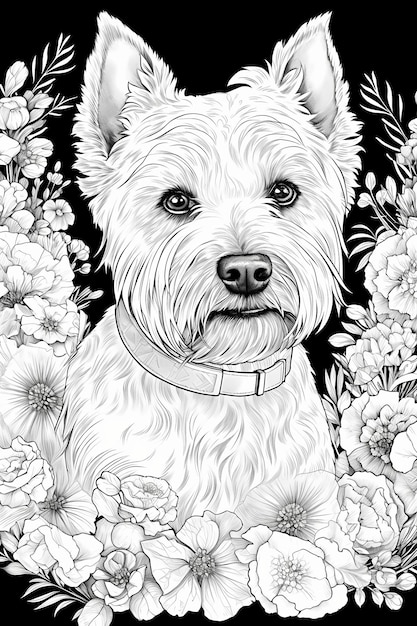 Premium photo a drawing of a dog with flowers in the background