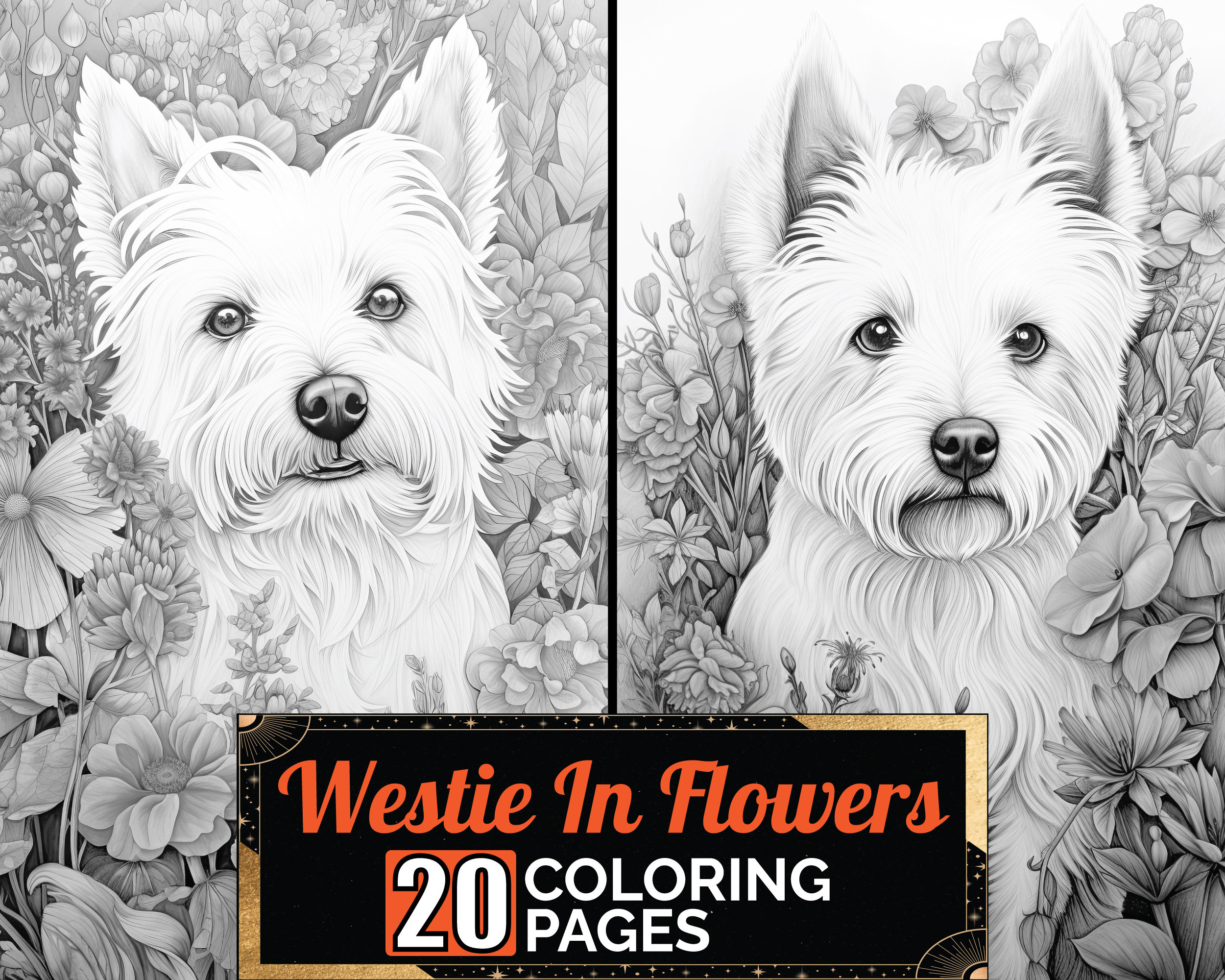 West highland white terrier flowers coloring book detail greyscale adult kids dog page a size sheet printable digital pdf download