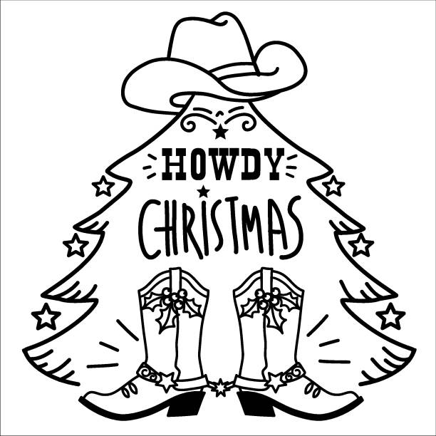Cowboy christmas vector line style illustration isolated on white for print howdy countryside new year hand drawn card with cowboy boots and western hat stock illustration