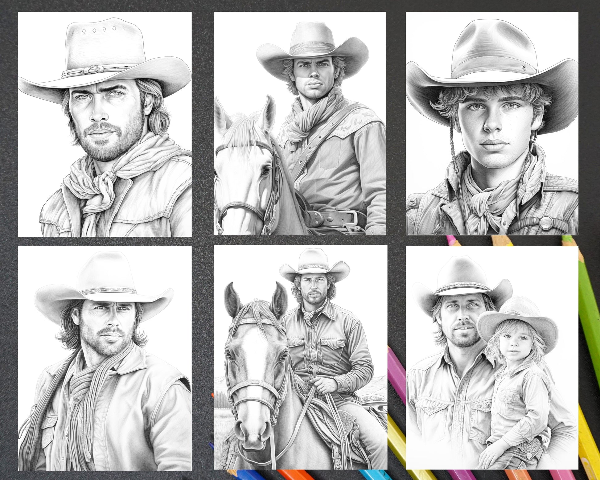 Wild west cowboys grayscale coloring pages printable for adults pd â coloring