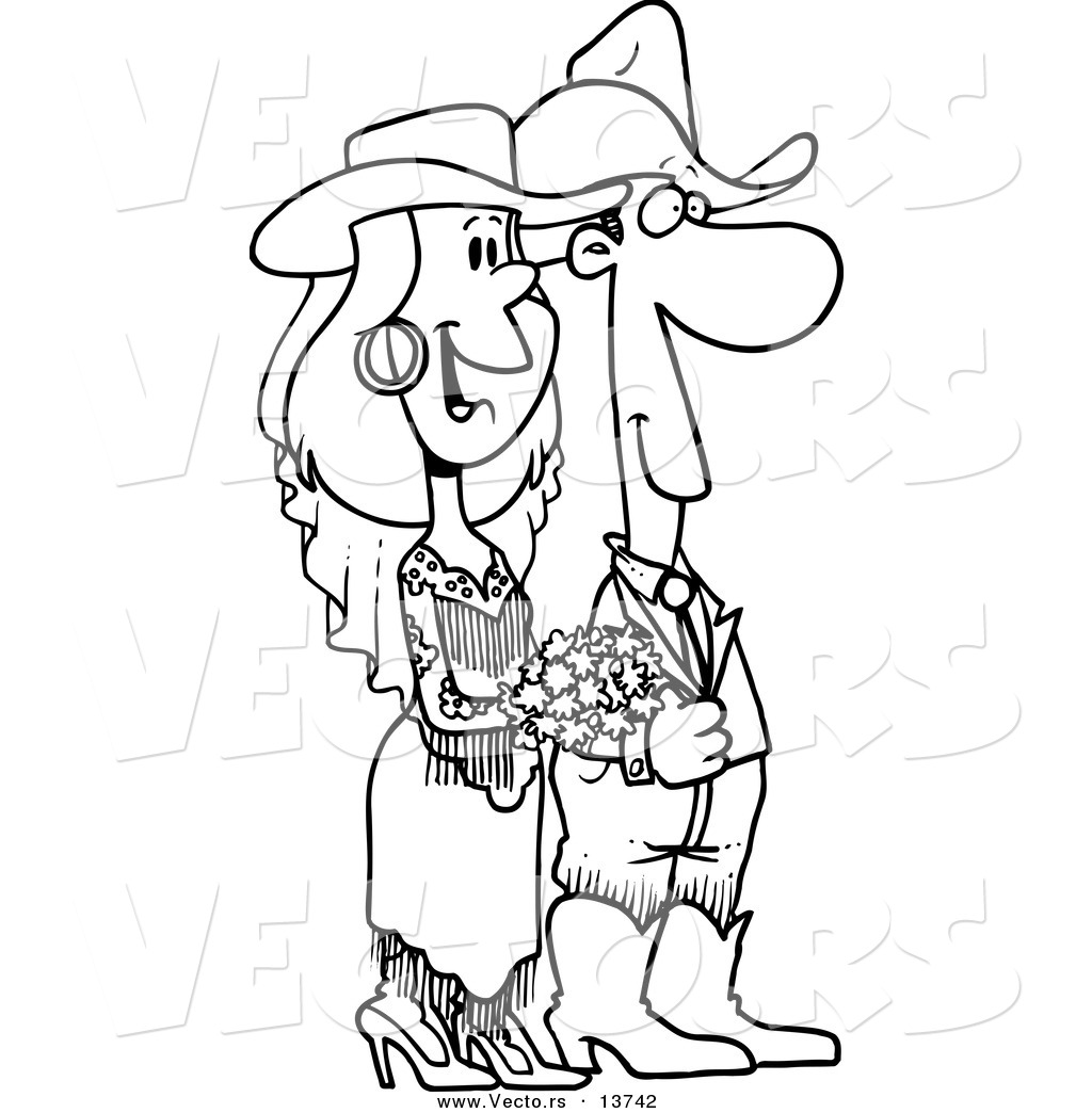 R of a cartoon western wedding couple