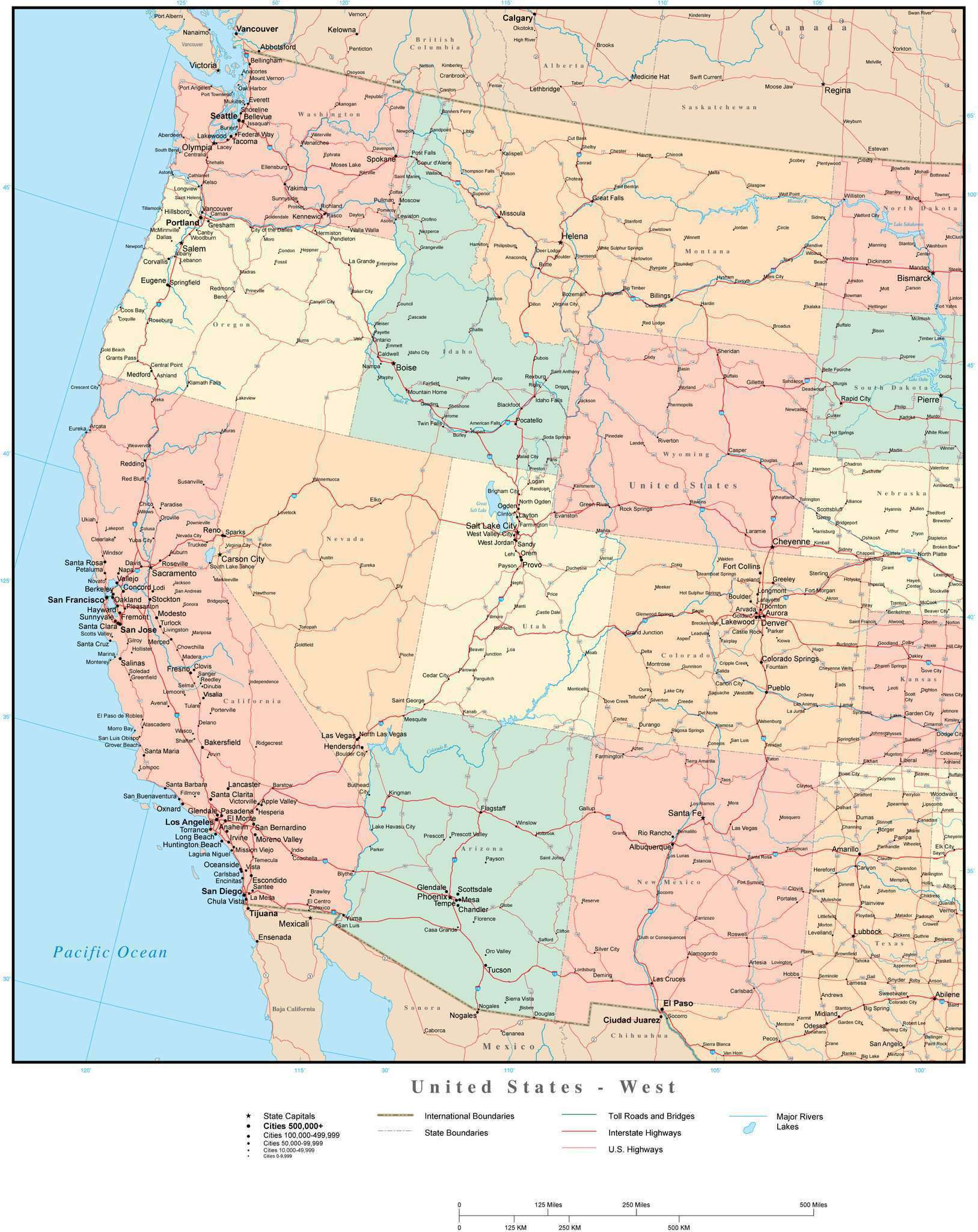 Usa west region map with state boundaries highways and cities