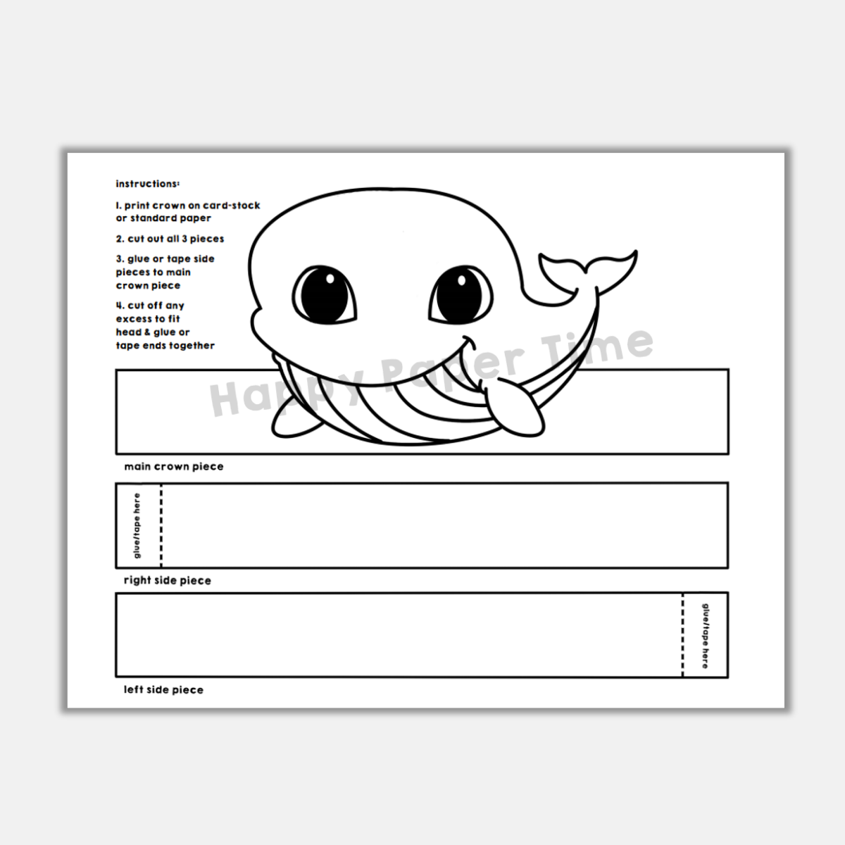 Whale paper crown printable ocean sea animal coloring craft made by teachers