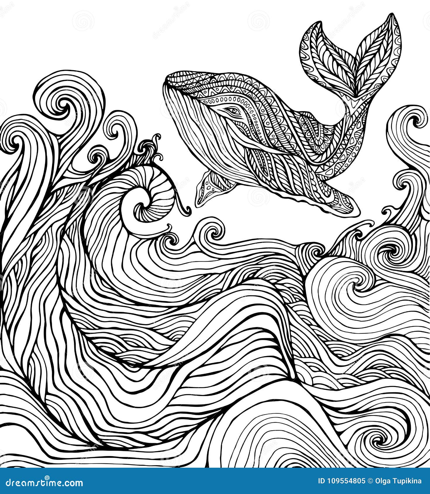 Whale and ocean waves coloring page stock vector