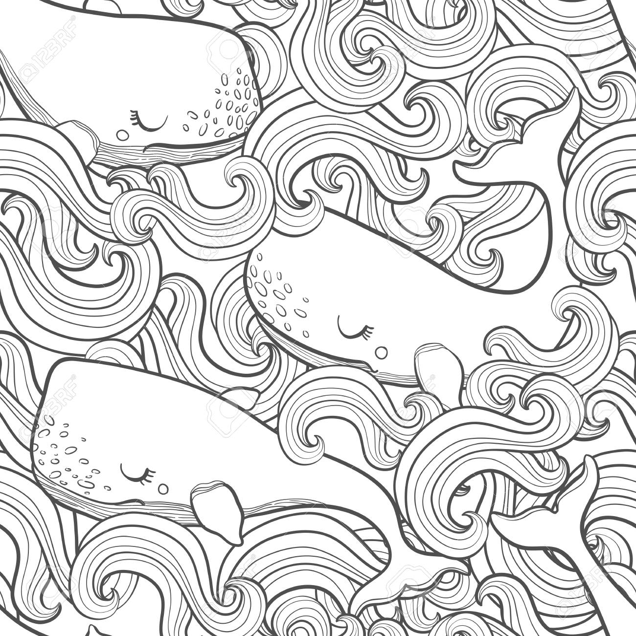 Graphic whales flying in the sky sea and ocean creatures vector fantasy seamless pattern coloring book page design for adults and kids hand draw illustration royalty free svg cliparts vectors and stock