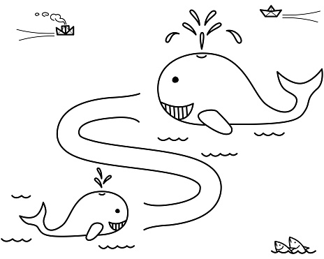 Black coloring pages with maze cartoon whale and ball kids education art game template design with sea animal on white background outline vector stock illustration