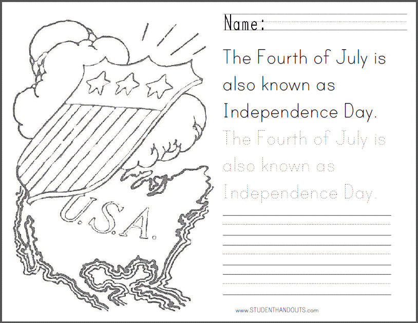 Fourth of july coloring sheet with handwriting practice student handouts