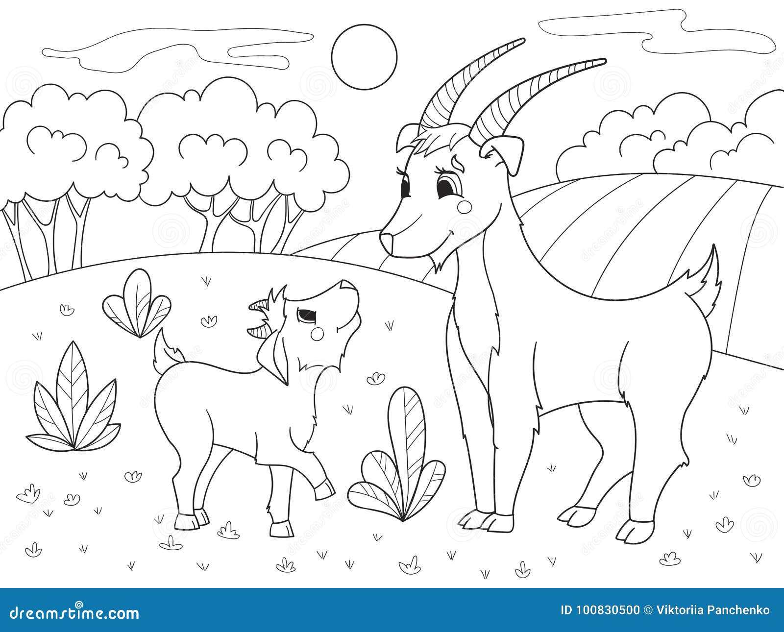 Childrens cartoon coloring book a family of goats in a meadow stock vector